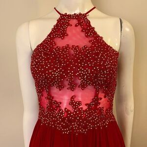 Red Formal Gown halter with Rhinestone Top and sheer panels Blonde Nites Sz 5